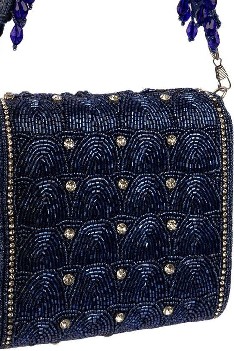 Royal blue hand-embellished shoulder bag with diamond cutdana and crystal work with suede lining for wedding and party wear