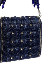 Royal blue hand-embellished shoulder bag with diamond cutdana and crystal work with suede lining for wedding and party wear