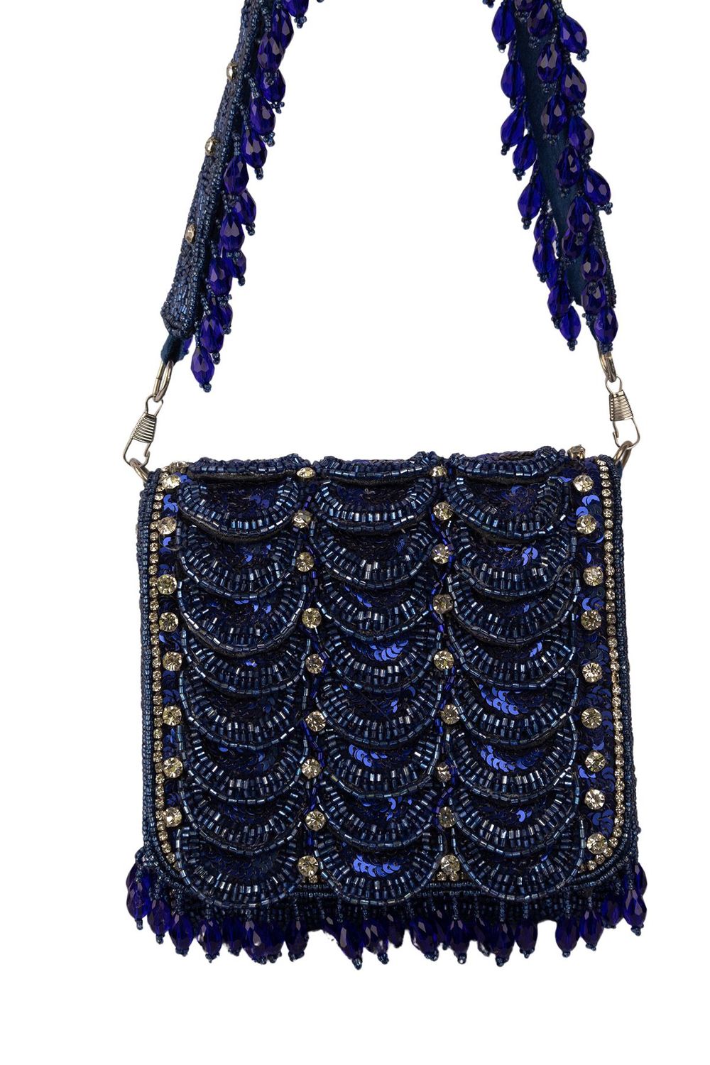 Royal blue hand-embellished shoulder bag with diamond cutdana and crystal work with suede lining for wedding and party wear
