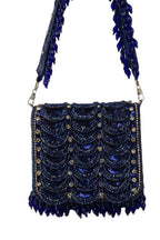 Royal blue hand-embellished shoulder bag with diamond cutdana and crystal work with suede lining for wedding and party wear