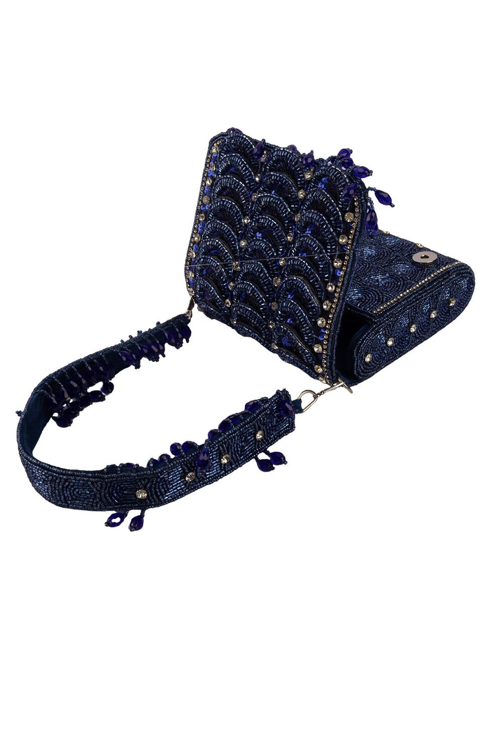 Royal blue hand-embellished shoulder bag with diamond cutdana and crystal work with suede lining for wedding and party wear