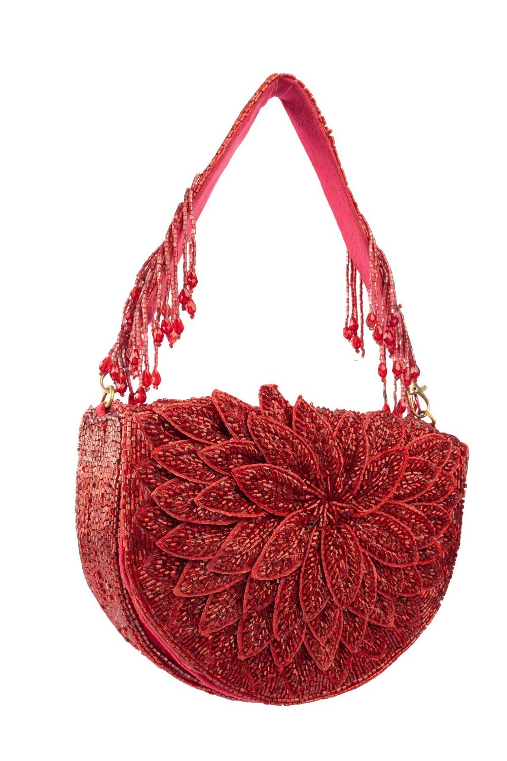 Red cut dana suede semi-circular clutch bag for wedding and party wear