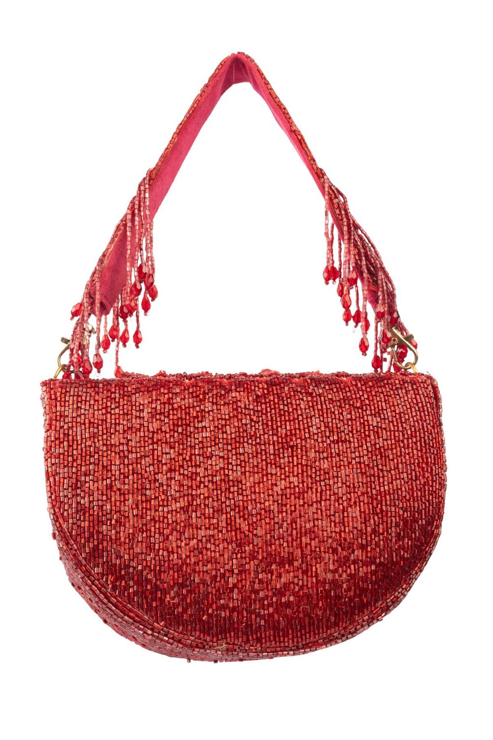 Red cut dana suede semi-circular clutch bag for wedding and party wear
