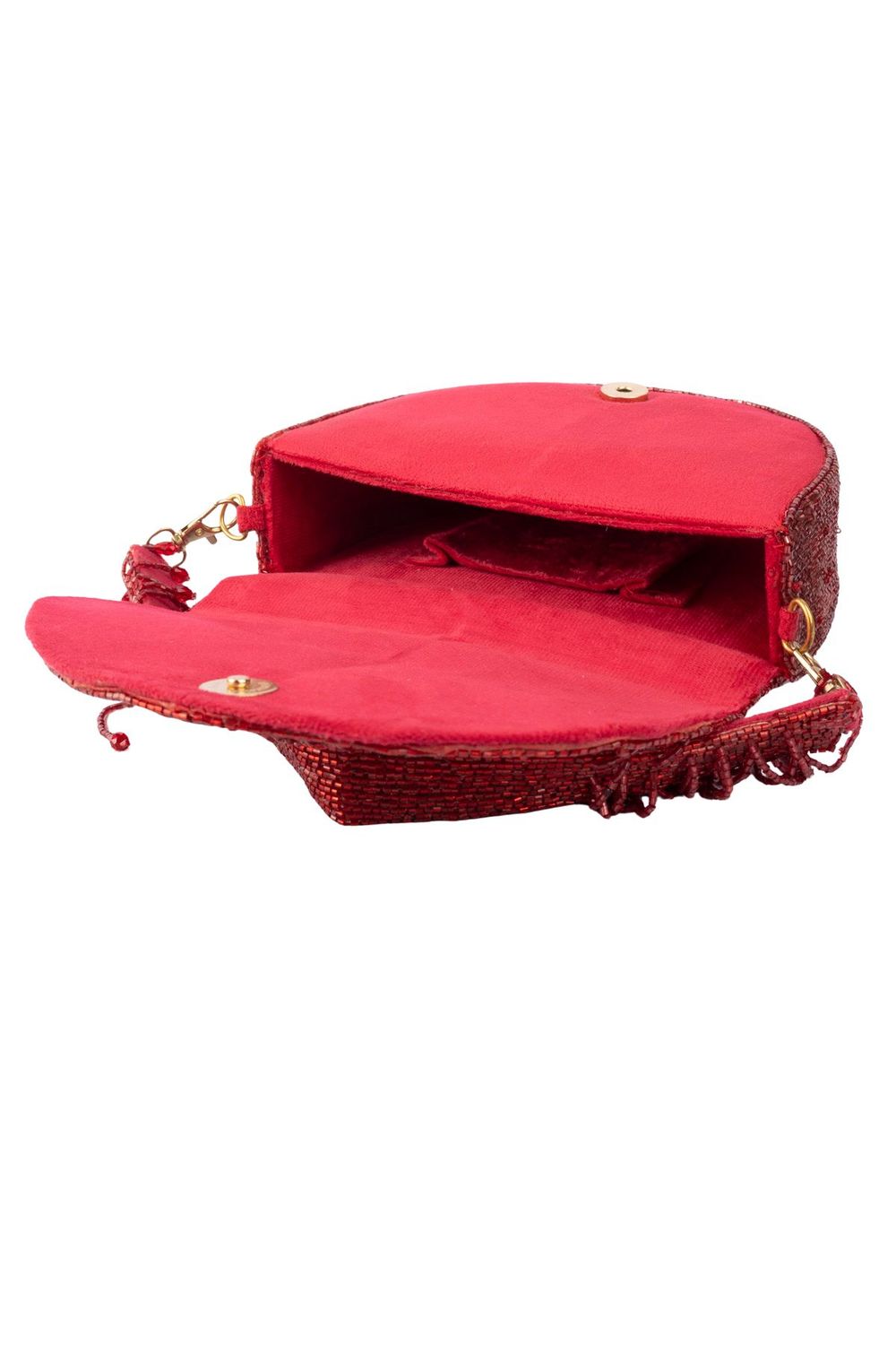 Red cut dana suede semi-circular clutch bag for wedding and party wear