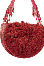 Red cut dana suede semi-circular clutch bag for wedding and party wear