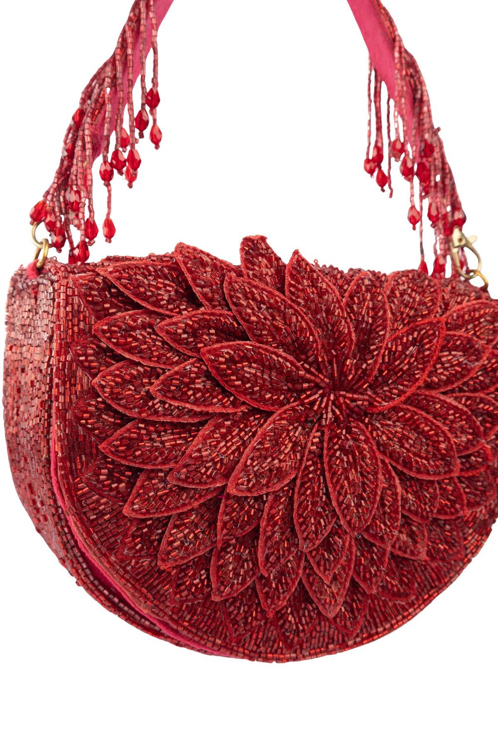 Red cut dana suede semi-circular clutch bag for wedding and party wear