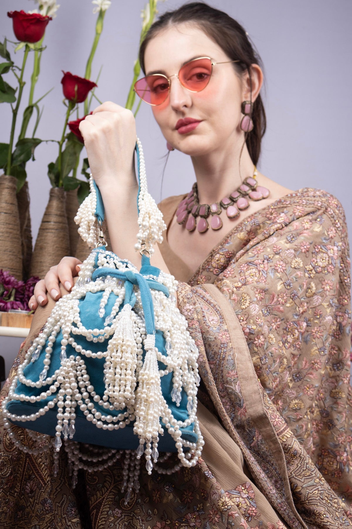 Teal Velvet Pearl Embellished Potli Bag
