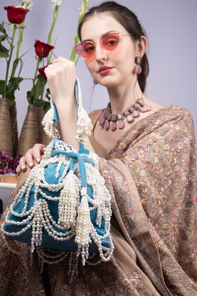 Teal Velvet Pearl Embellished Potli Bag Main Image