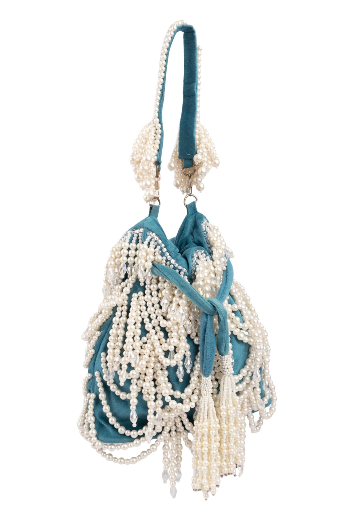 Teal Velvet Pearl Embellished Potli Bag
