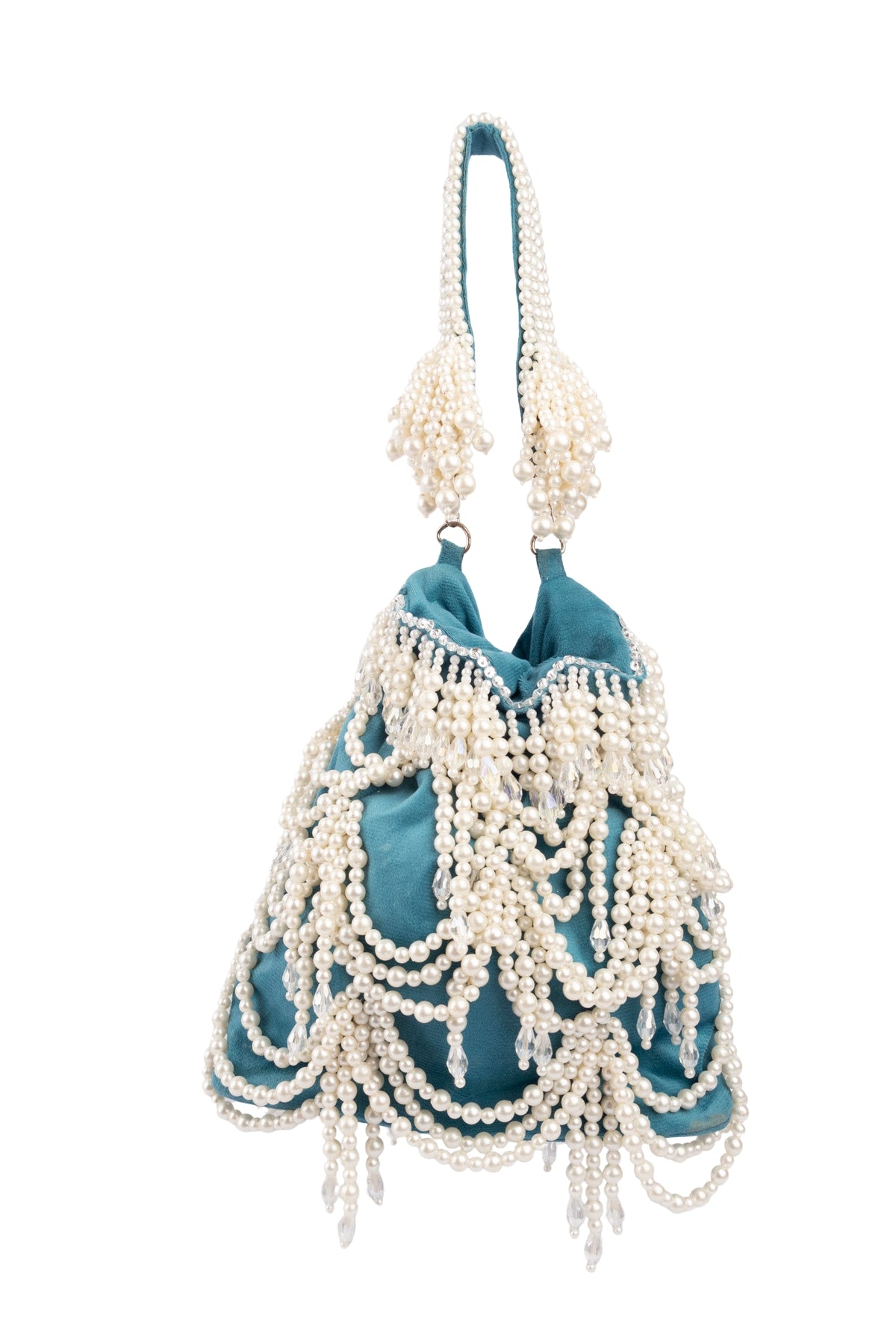 Teal Velvet Pearl Embellished Potli Bag