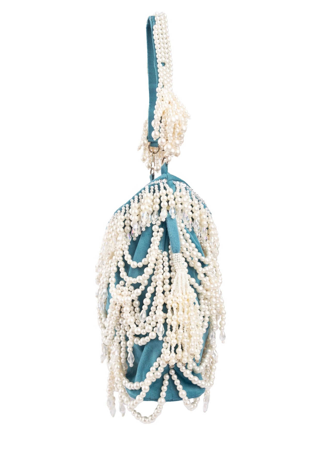 Teal Velvet Pearl Embellished Potli Bag