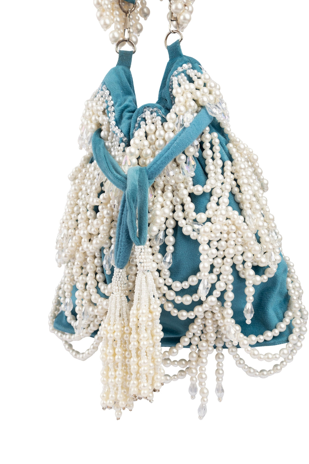 Teal Velvet Pearl Embellished Potli Bag