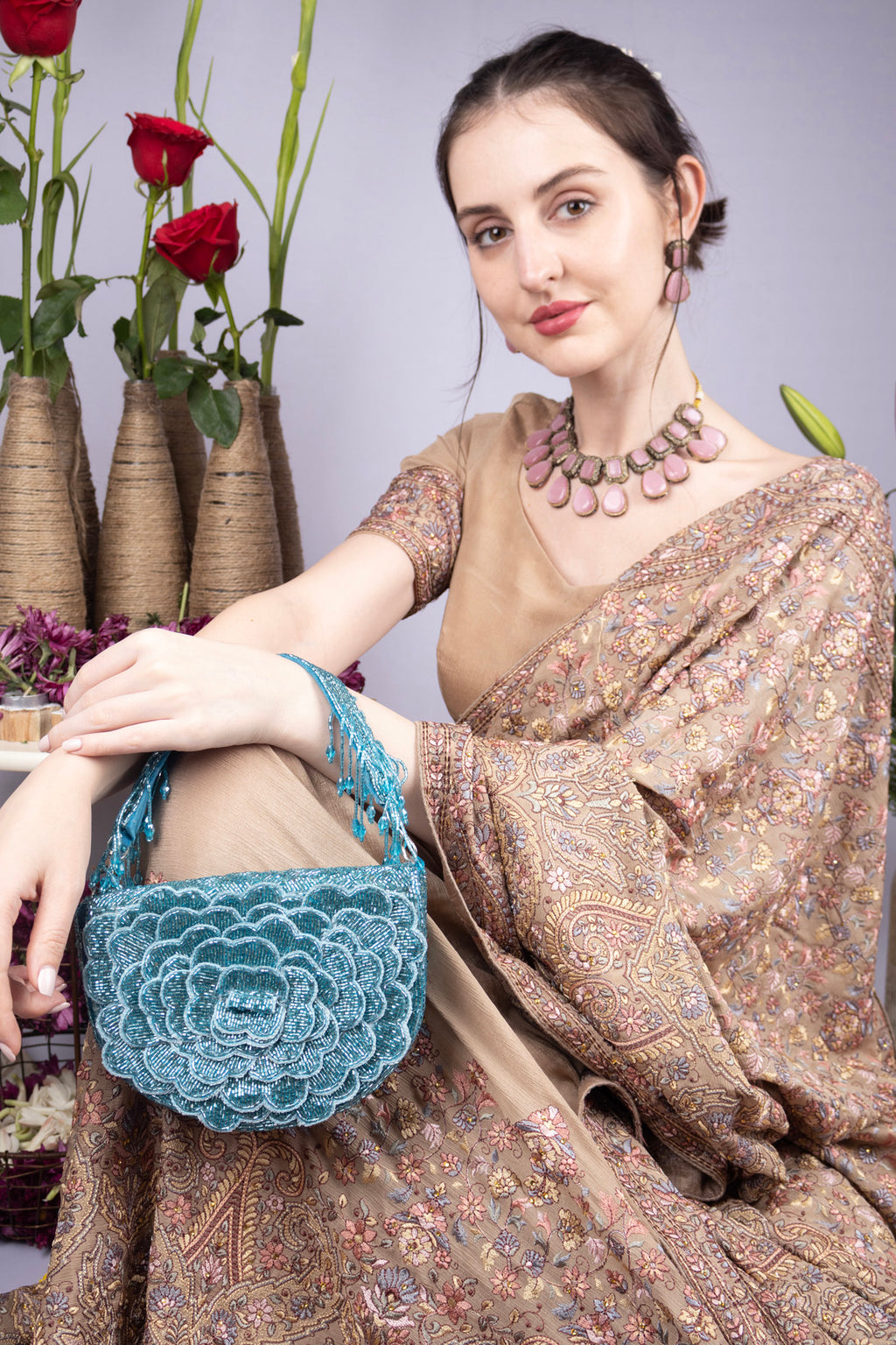 Blue cut dana suede semi-circular clutch bag for wedding and party wear