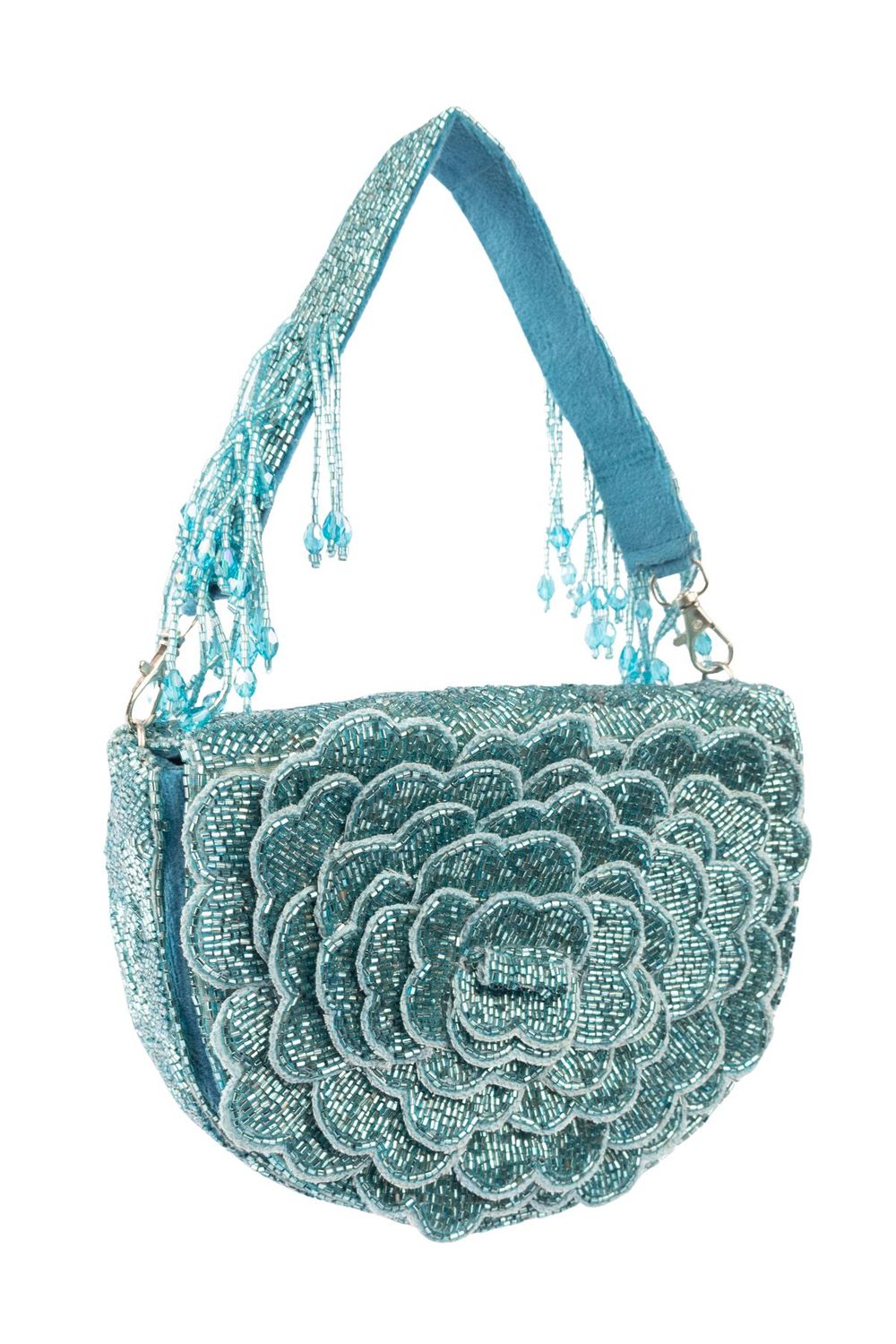 Blue cut dana suede semi-circular clutch bag for wedding and party wear