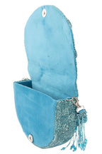 Blue cut dana suede semi-circular clutch bag for wedding and party wear