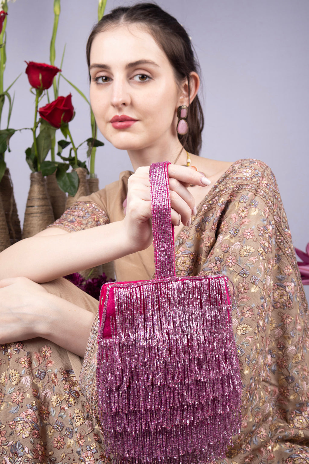 Eeth Pink Cut Dana Fringe Clutch Bag