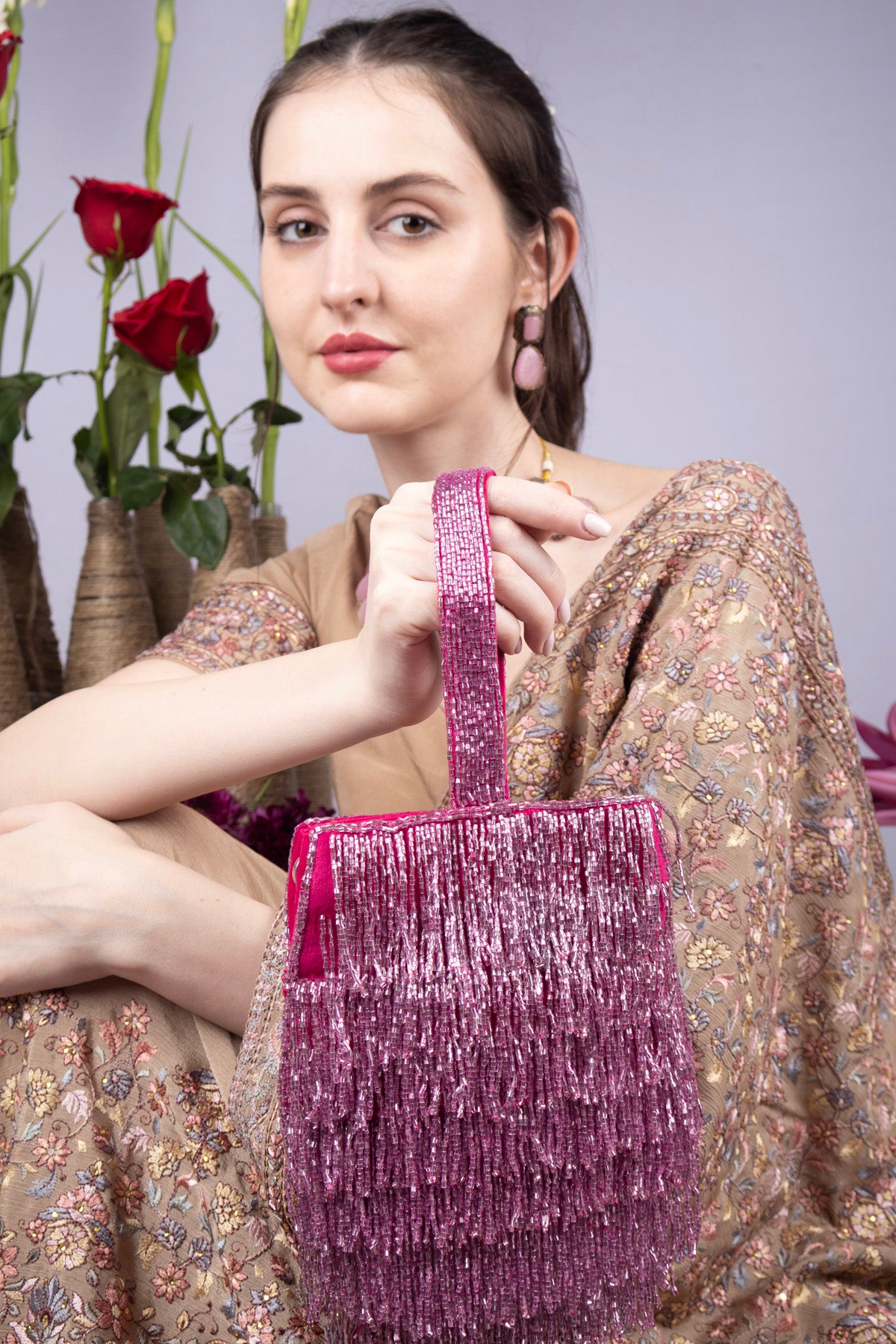 Eeth Pink Cut Dana Fringe Clutch Bag