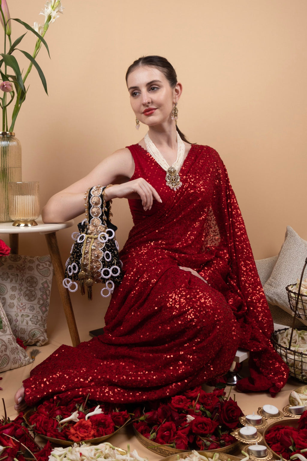 Black Gota Work Beaded Potli with Crystal & Stone Embellishment