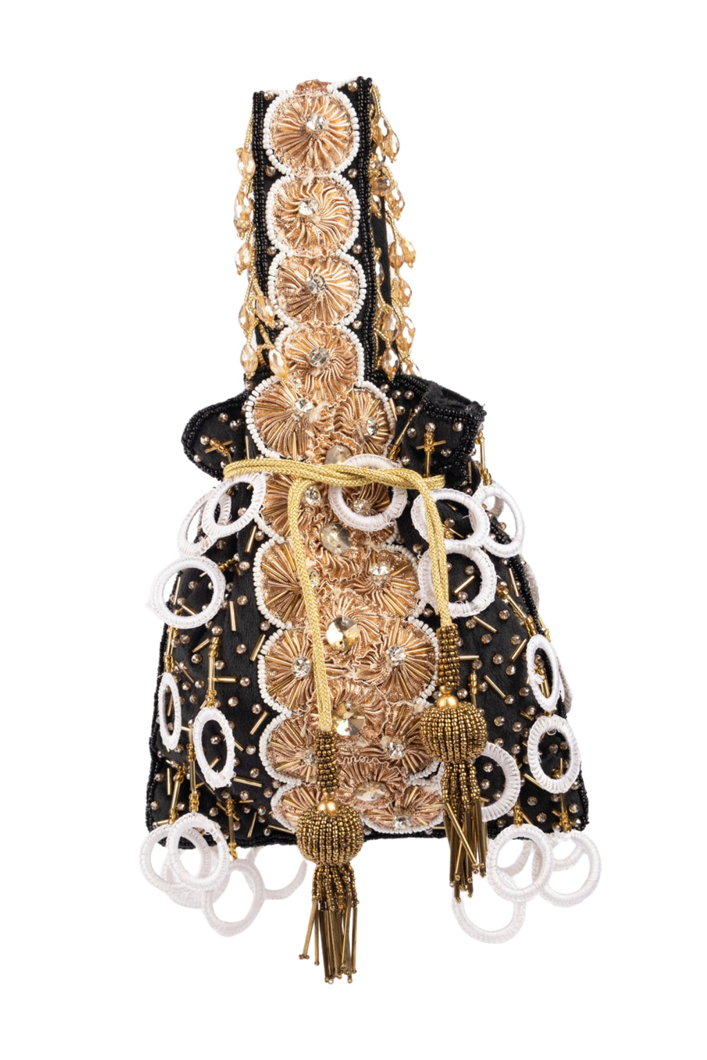 Black Gota Work Beaded Potli with Crystal & Stone Embellishment