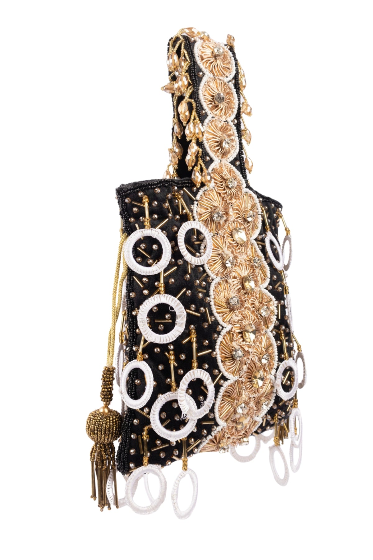 Black Gota Work Beaded Potli with Crystal & Stone Embellishment