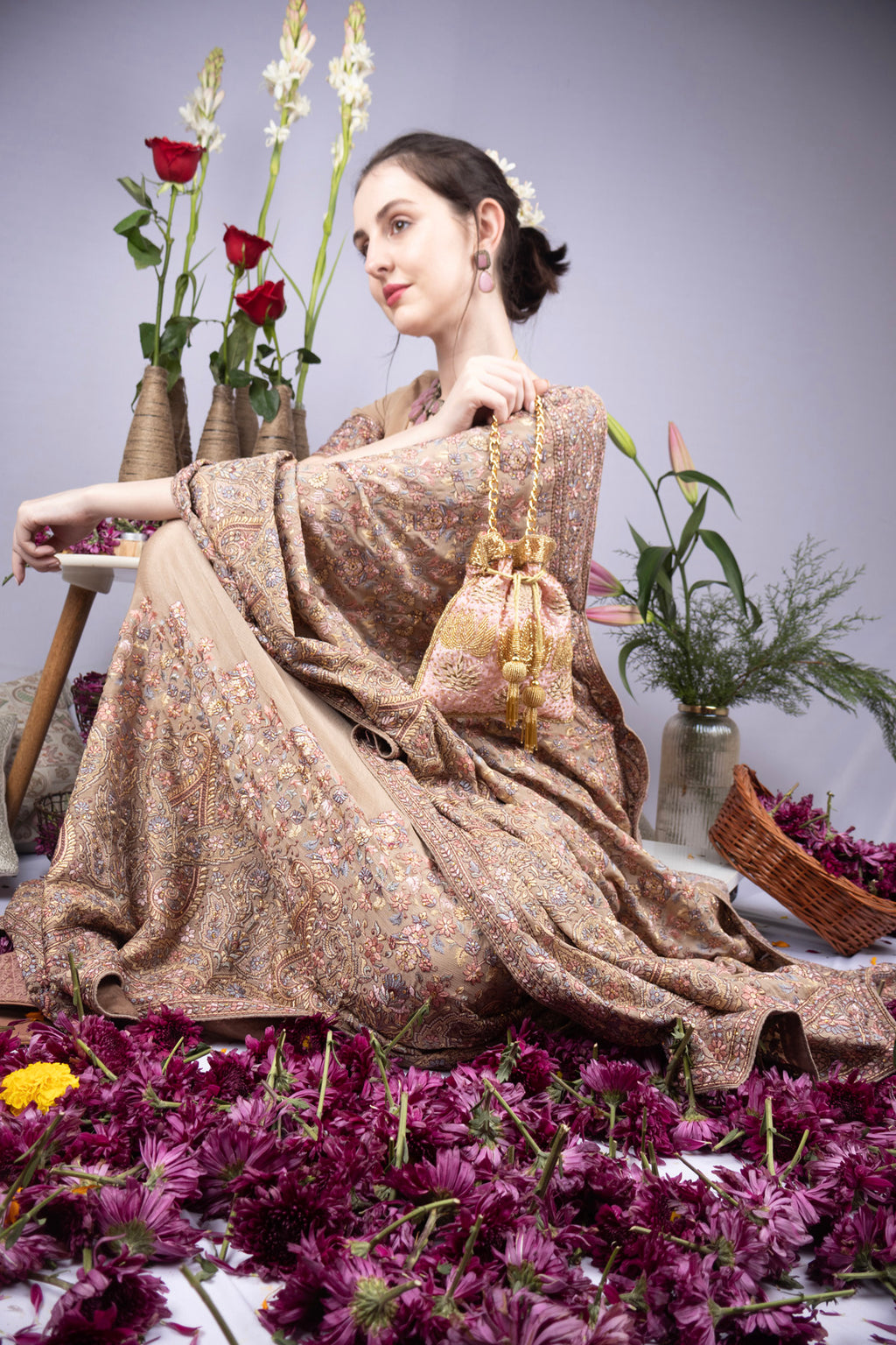 Blush Pink Zardosi & Cutdana Work Suede Potli Bag