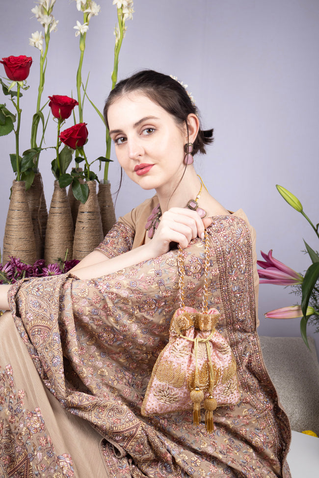 Blush Pink Zardosi & Cutdana Work Suede Potli Bag Main Image