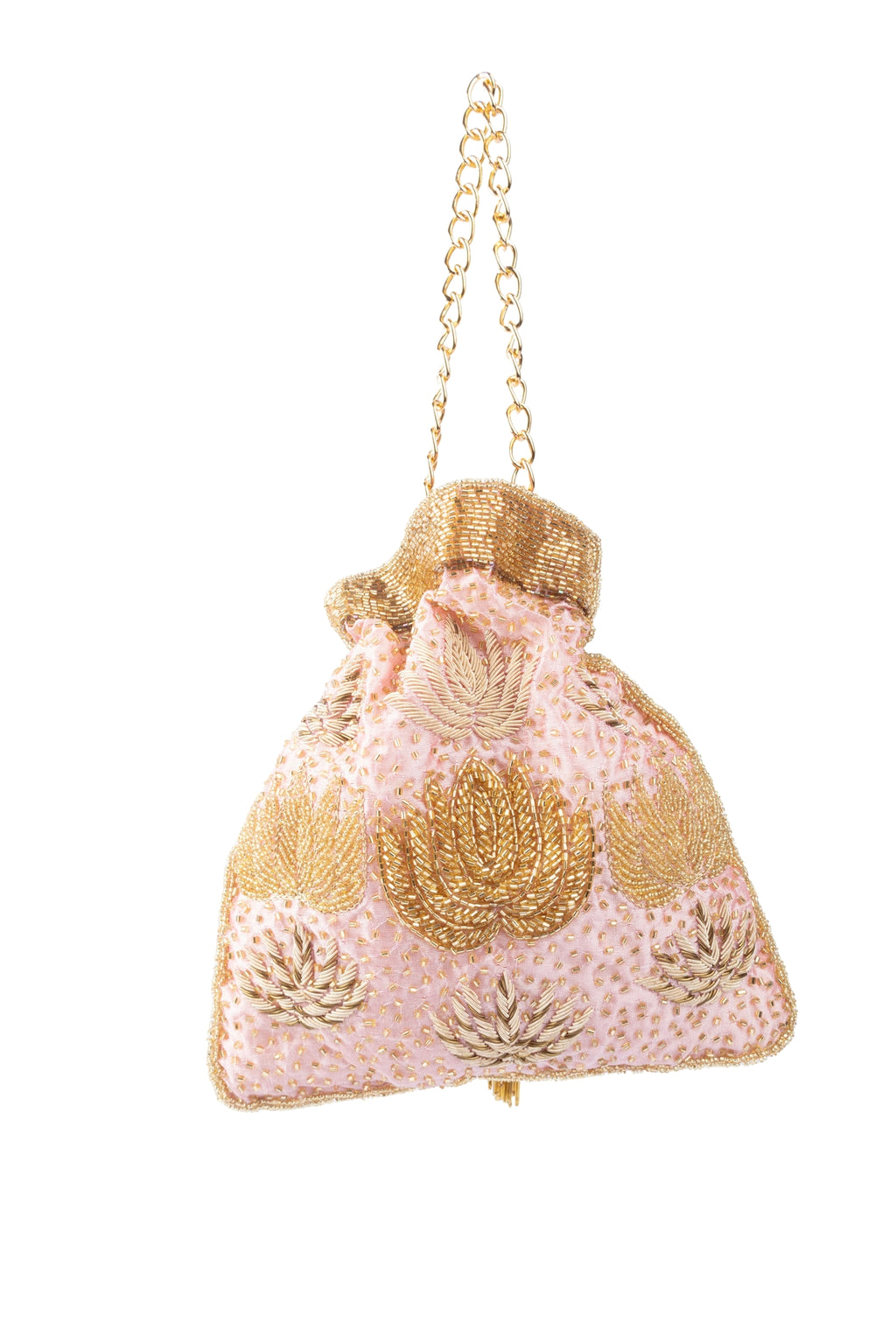 Blush Pink Zardosi & Cutdana Work Suede Potli Bag