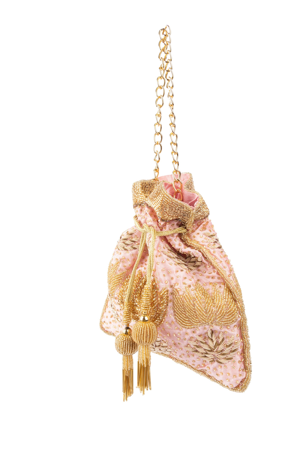 Blush Pink Zardosi & Cutdana Work Suede Potli Bag