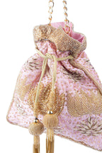 Blush Pink Zardosi & Cutdana Work Suede Potli Bag