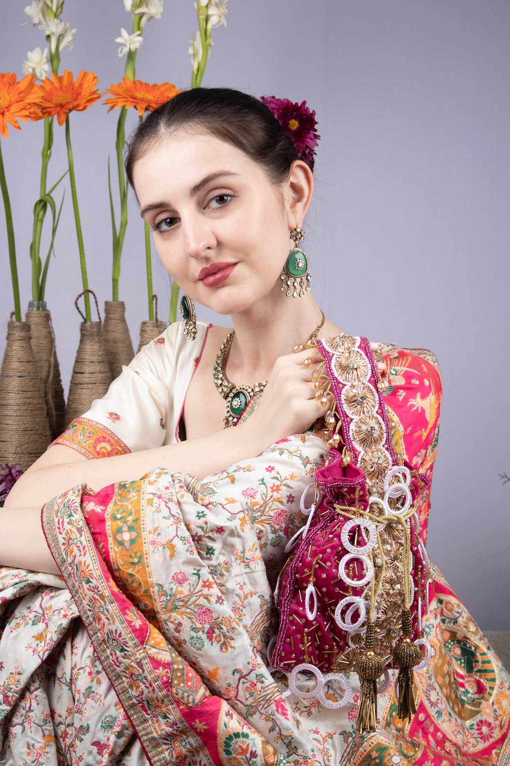 Rani Pink Gota Work Beaded Potli with Crystal & Stone Embellishment