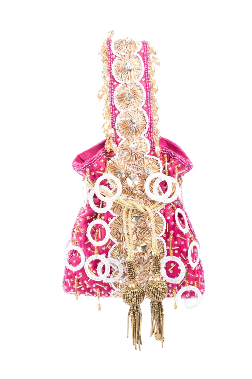 Rani Pink Gota Work Beaded Potli with Crystal & Stone Embellishment