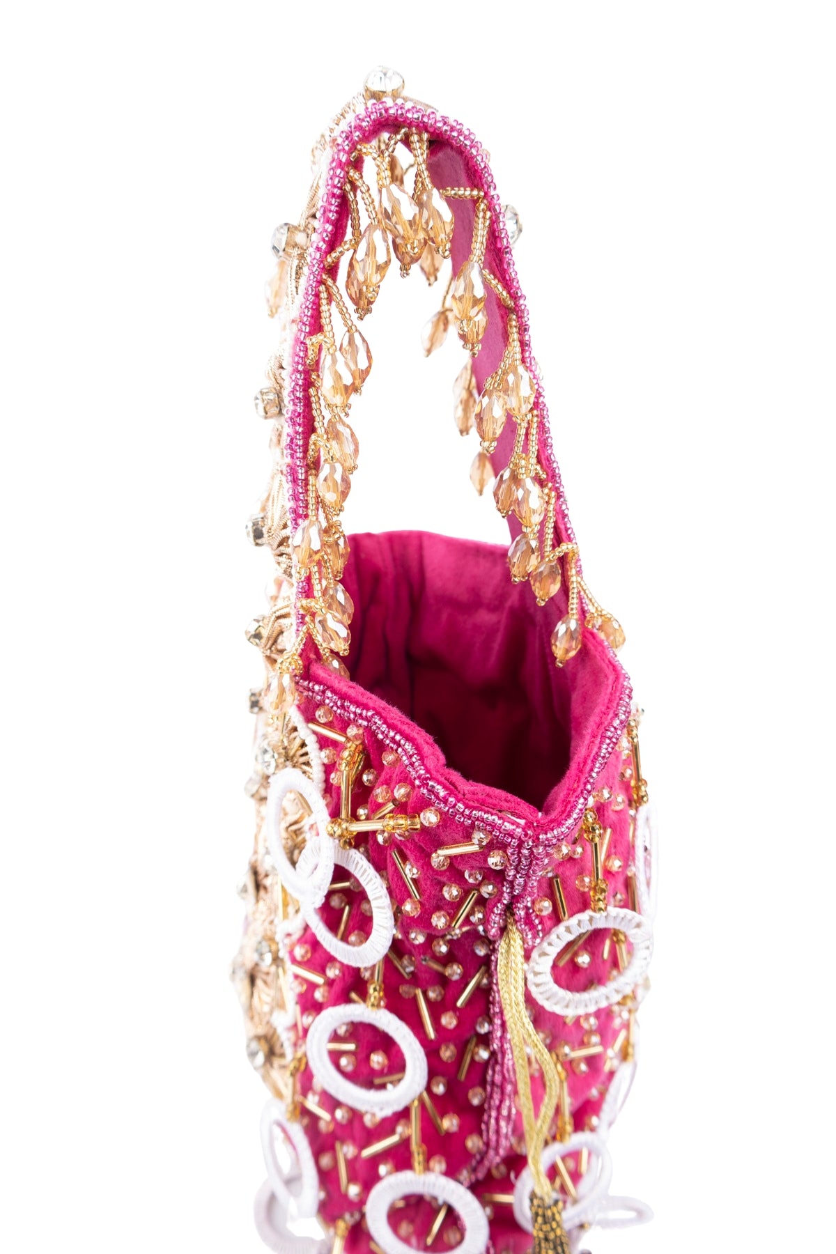 Rani Pink Gota Work Beaded Potli with Crystal & Stone Embellishment