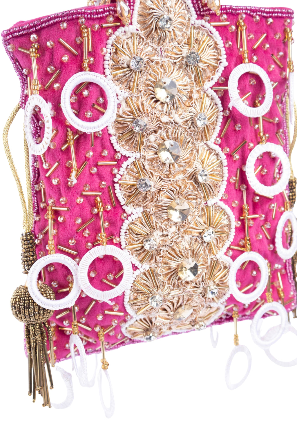 Rani Pink Gota Work Beaded Potli with Crystal & Stone Embellishment