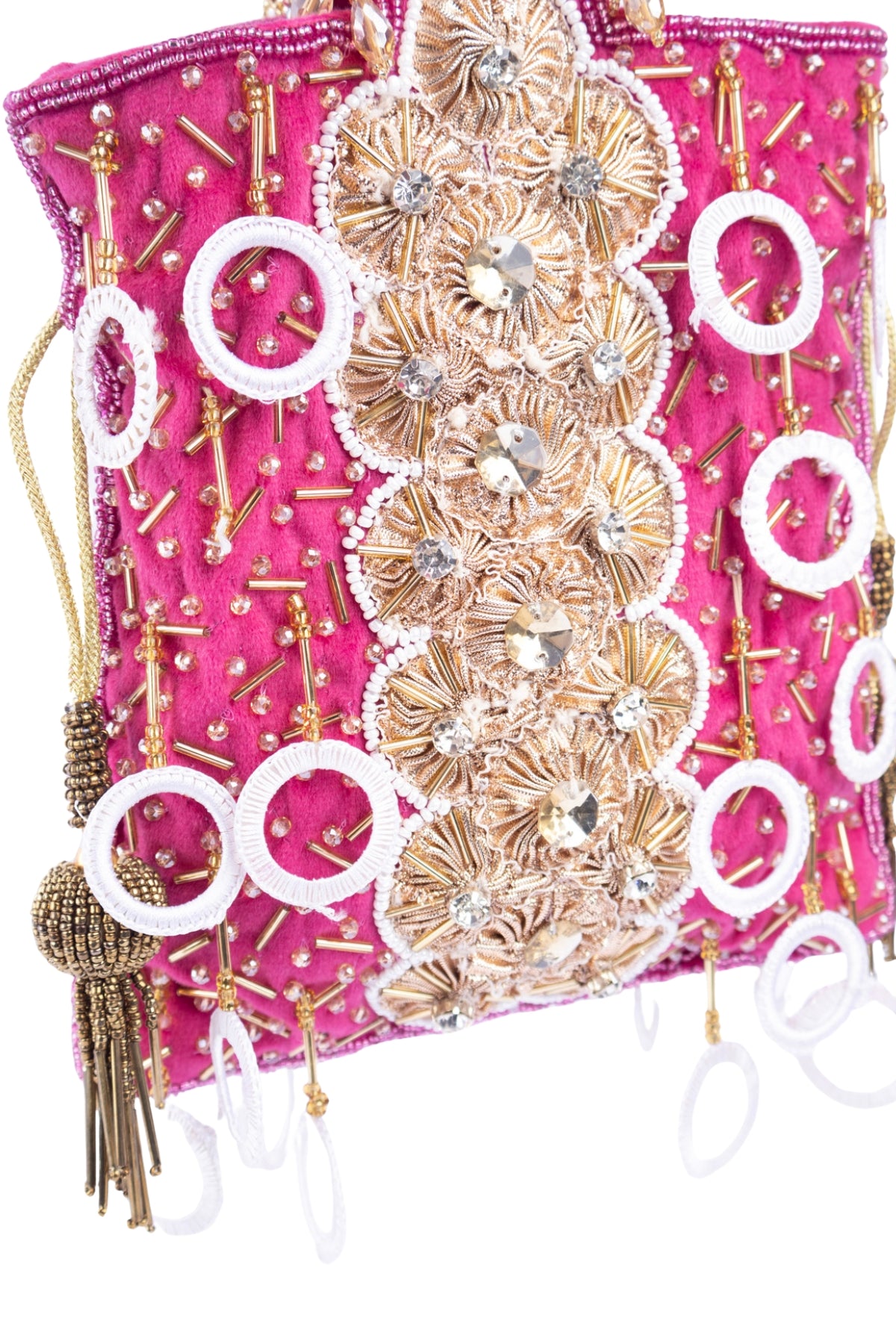 Rani Pink Gota Work Beaded Potli with Crystal & Stone Embellishment