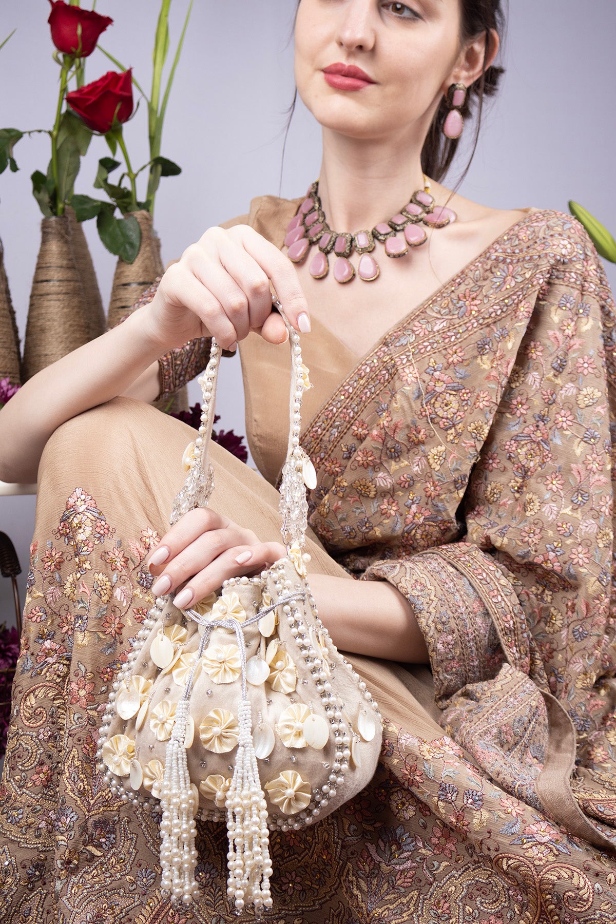 Ivory pearl potli bag with floral embellishment handcrafted festive wedding ethnic accessory