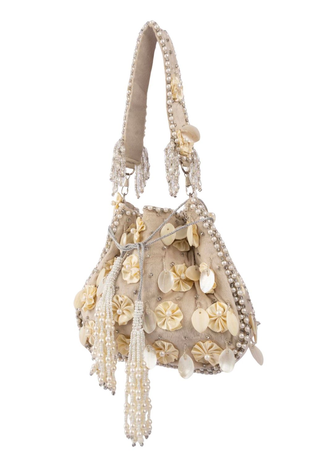 Ivory pearl potli bag with floral embellishment handcrafted festive wedding ethnic accessory
