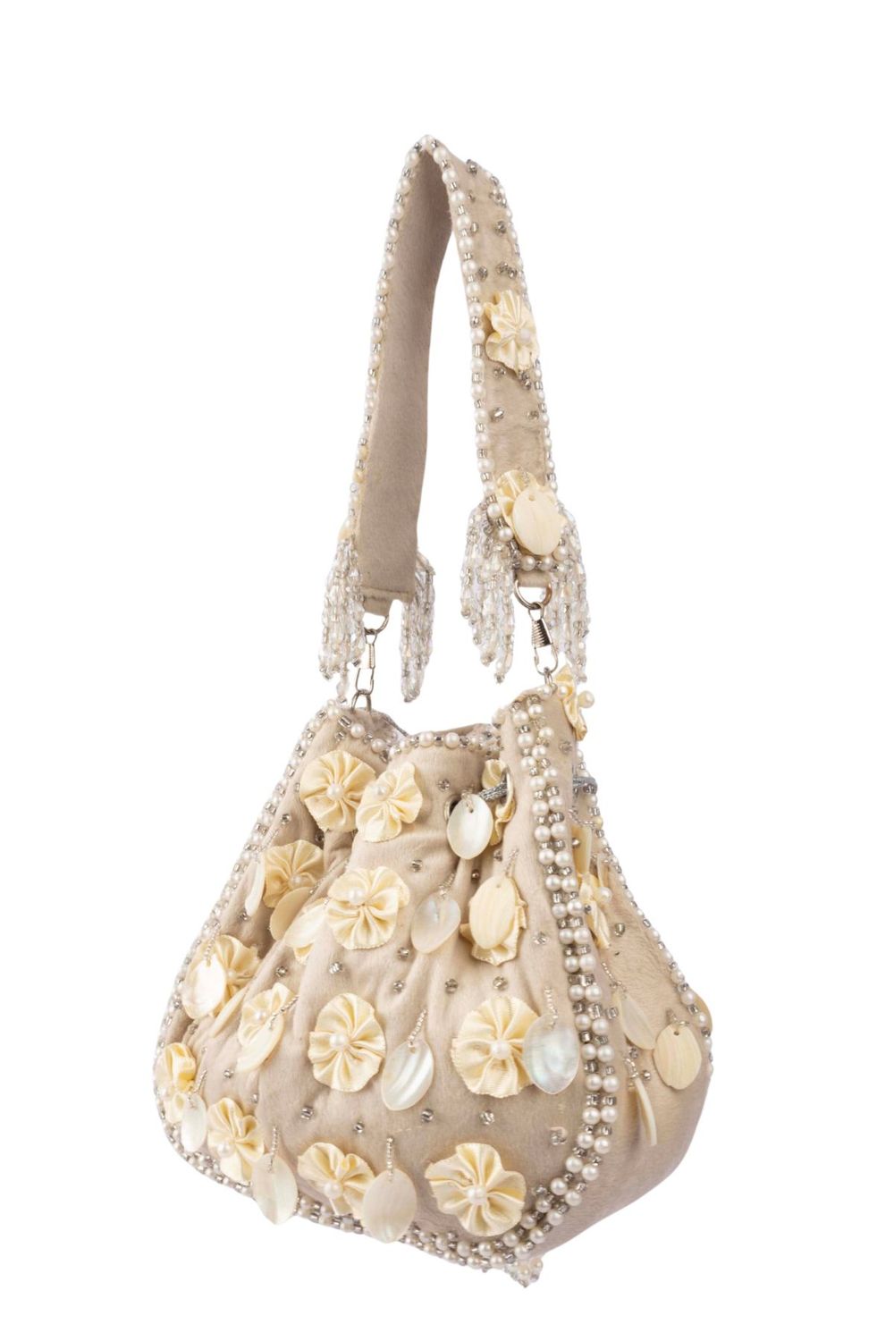 Ivory pearl potli bag with floral embellishment handcrafted festive wedding ethnic accessory