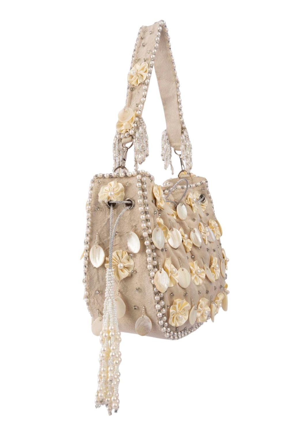 Ivory pearl potli bag with floral embellishment handcrafted festive wedding ethnic accessory