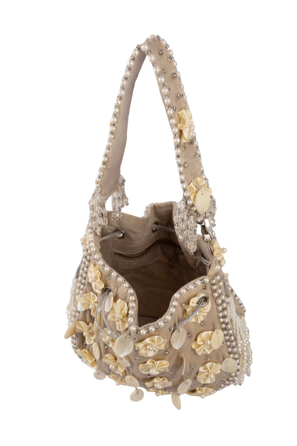 Ivory pearl potli bag with floral embellishment handcrafted festive wedding ethnic accessory