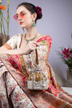 Mustard Raw Silk Cutdana & Pearl Embellished Potli Bag