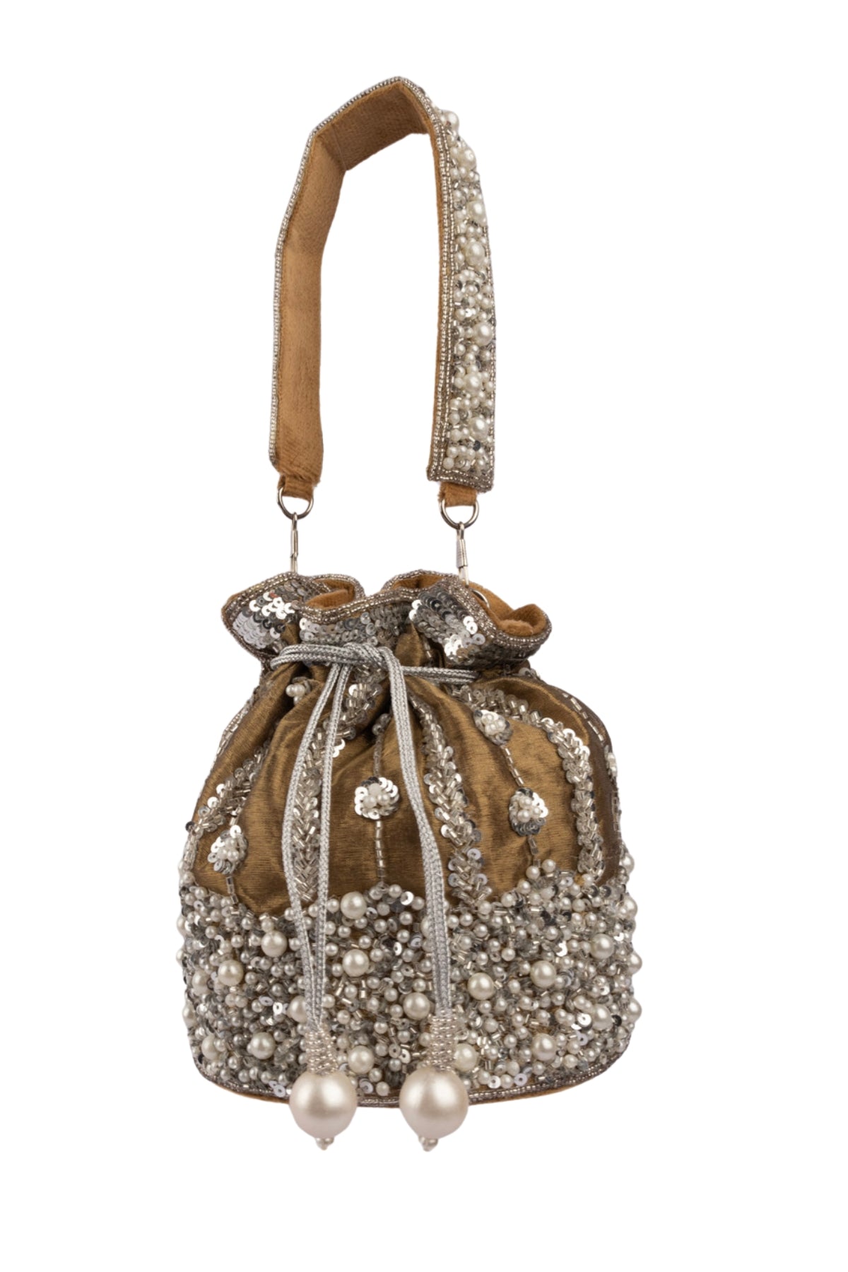 Mustard Raw Silk Cutdana & Pearl Embellished Potli Bag