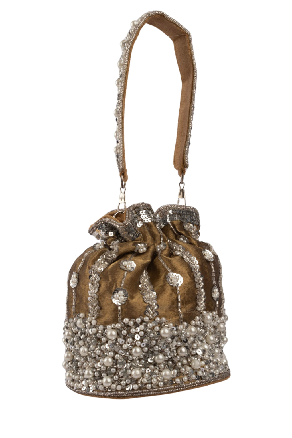 Mustard Raw Silk Cutdana & Pearl Embellished Potli Bag