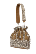 Mustard Raw Silk Cutdana & Pearl Embellished Potli Bag