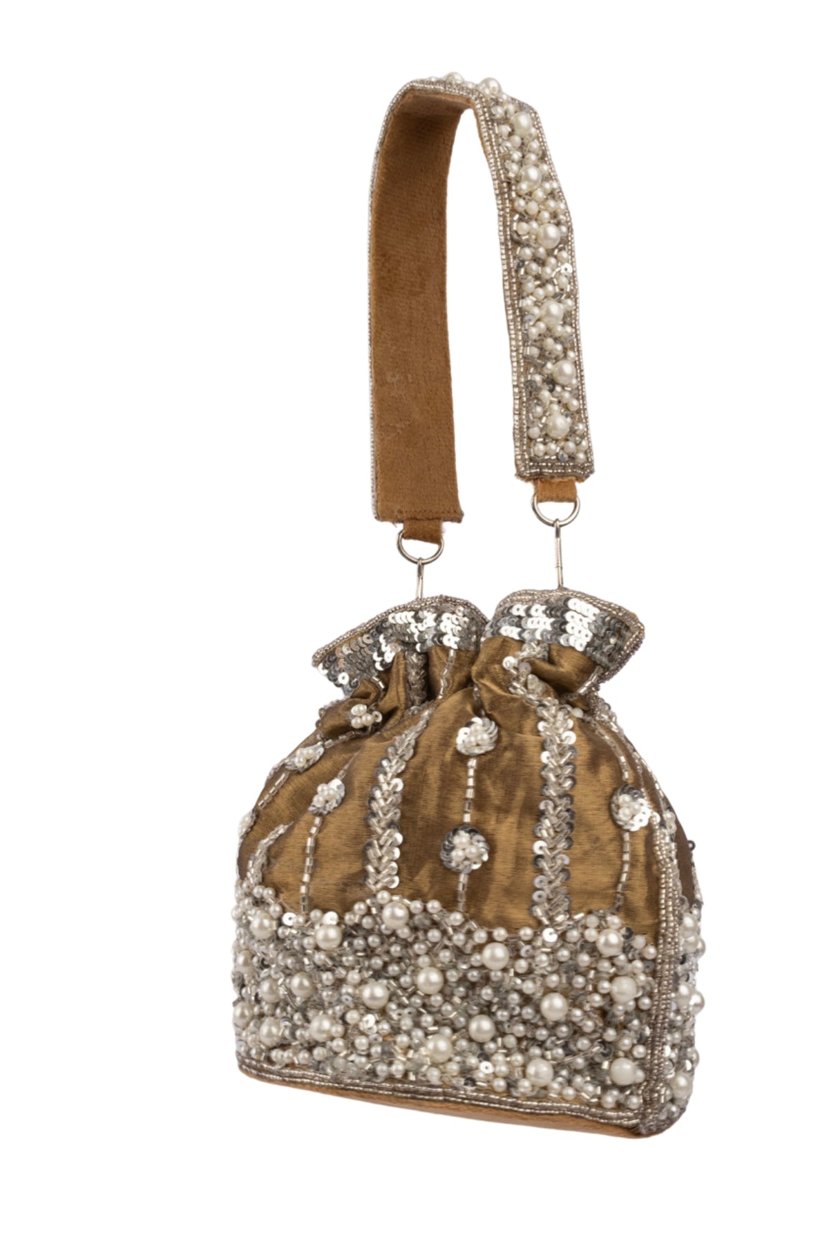 Mustard Raw Silk Cutdana & Pearl Embellished Potli Bag
