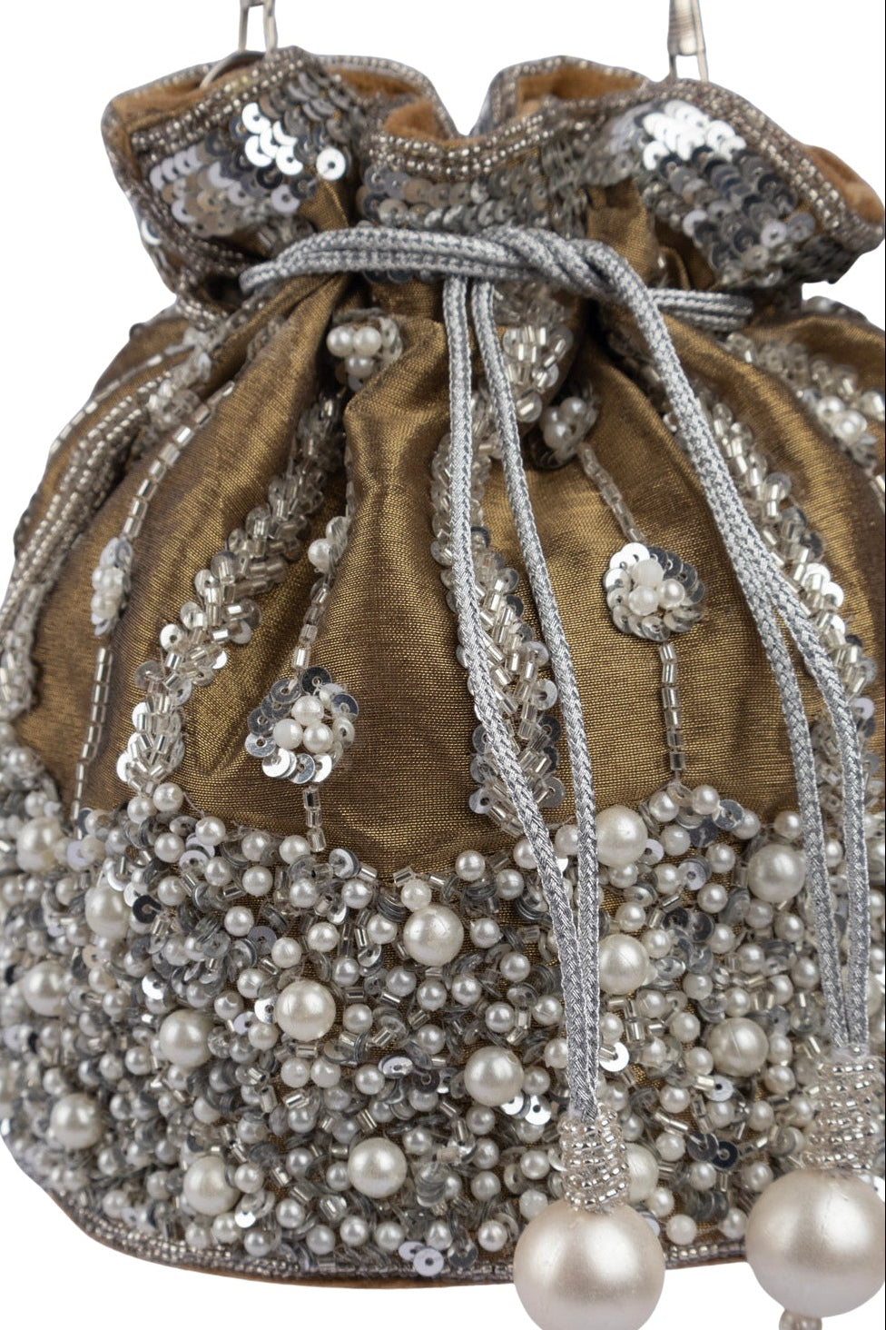 Mustard Raw Silk Cutdana & Pearl Embellished Potli Bag