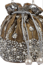 Mustard Raw Silk Cutdana & Pearl Embellished Potli Bag