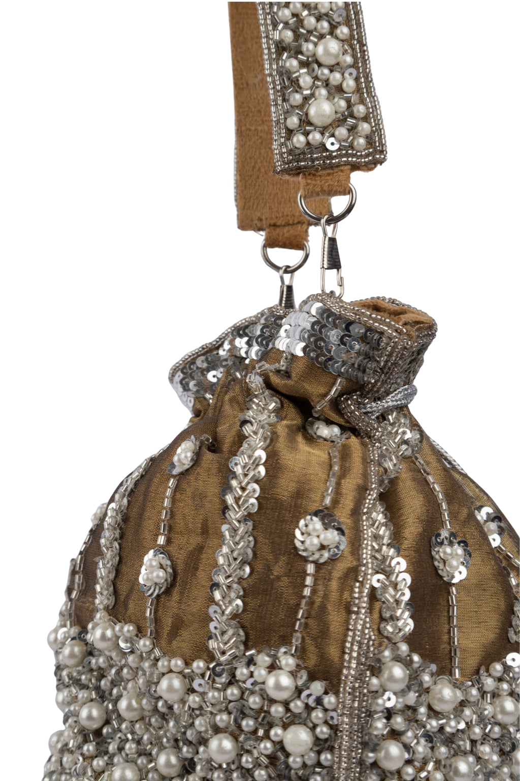 Mustard Raw Silk Cutdana & Pearl Embellished Potli Bag