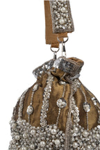Mustard Raw Silk Cutdana & Pearl Embellished Potli Bag