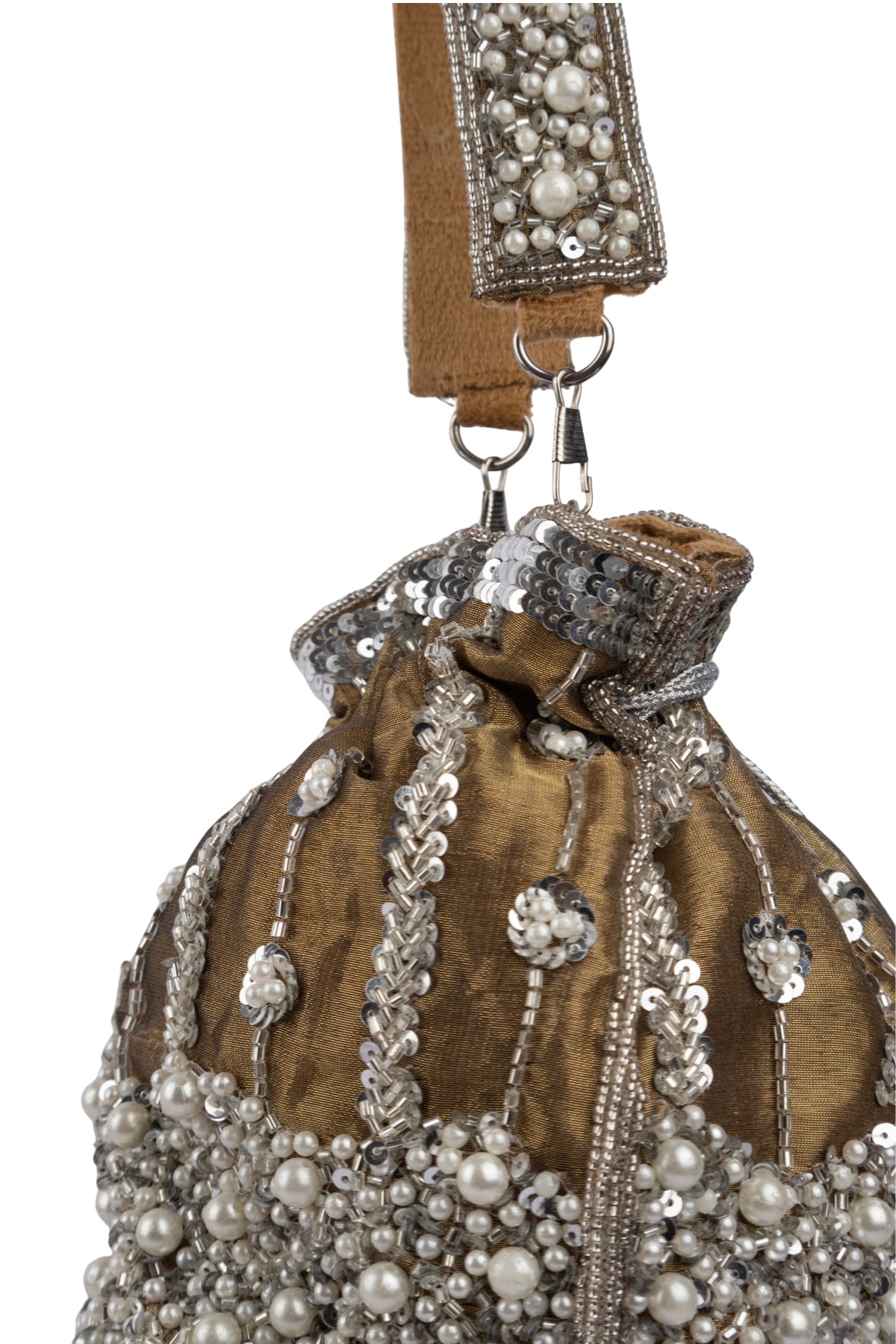 Mustard Raw Silk Cutdana & Pearl Embellished Potli Bag