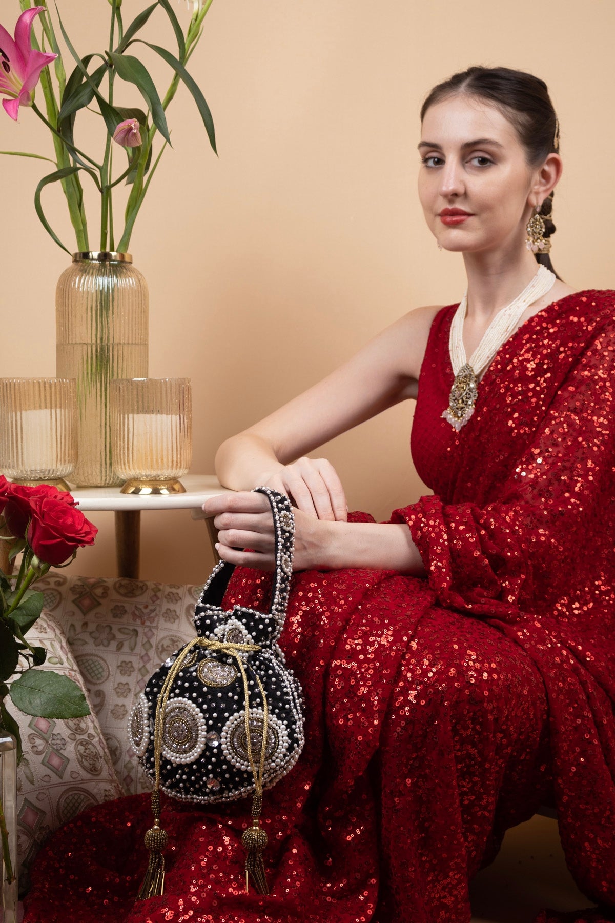 Black Velvet Pearl & Cut Dana Work Potli Bag